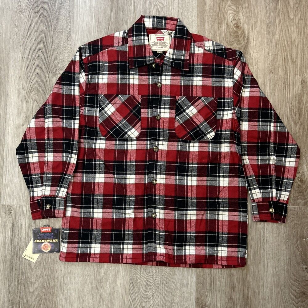 Levi's Boys Medium Red Flannel Long Sleeve Cotton Button Down Shirt Vintage NWT